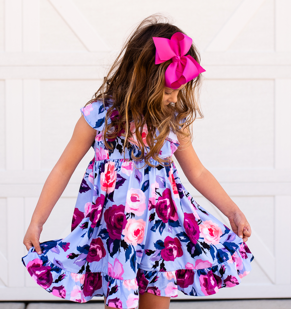 Millie Loves Lily Girls Periwinkle Rose Angel-Sleeve Dress & Purple Dot Shorts Set