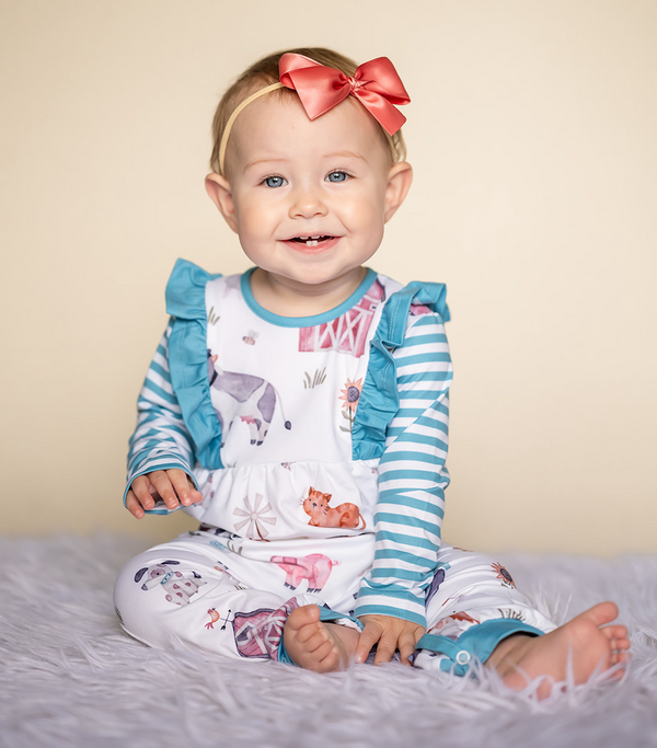 Millie Loves Lily Toddler Girl White Baby Farm Animals Ruffle Trim 1-Piece