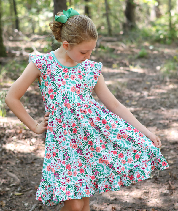 Kids Jade Meadow Flower Angel-Sleeve Dress