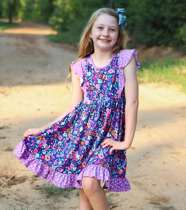 Kids Purple Flower Angel-Sleeve Dress & Dot Shorts