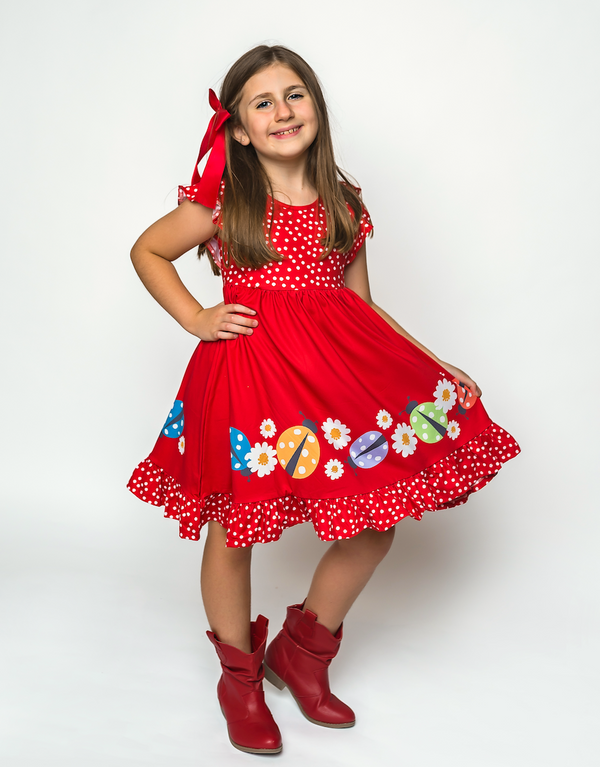 Kids Red Ladybug Angel-Sleeve Dress & Shorts