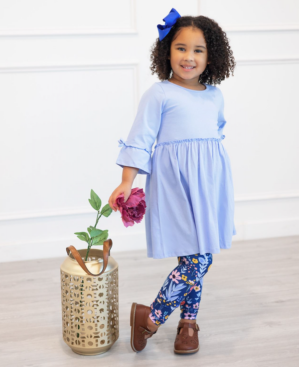 Periwinkle Bow Bell-Sleeve A-Line Dress & Floral Leggings