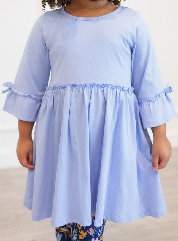 Periwinkle Bow Bell-Sleeve A-Line Dress & Floral Leggings