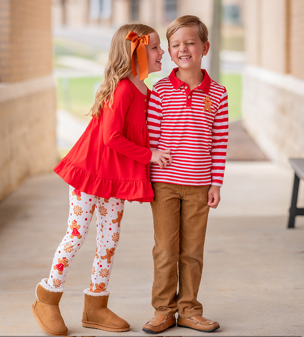 Red Long-Sleeve Babydoll Top & Gingerbread Leggings