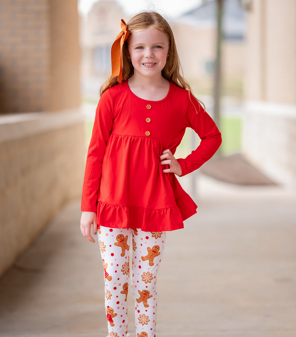 Red Long-Sleeve Babydoll Top & Gingerbread Leggings