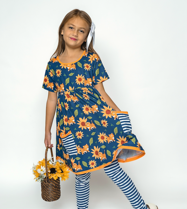 Navy Cats Sunflowers Pocket A-Line Dress & Stripe Leggings