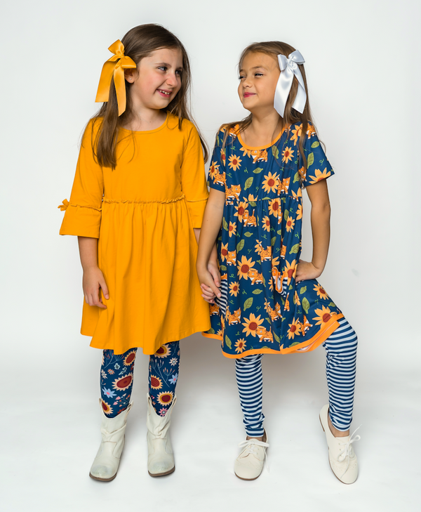 Marigold Bow-Sleeve A-Line Dress & Sunflower Meadow Leggings