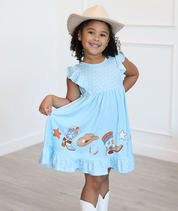Kids Ice Blue Howdy Boots Border Print Dress & Shorts Set