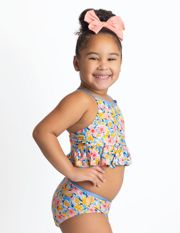 Blue Floral Filigree Ruffle-Trim Tankini