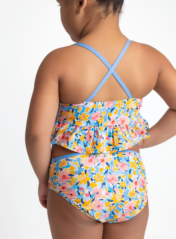 Blue Floral Filigree Ruffle-Trim Tankini