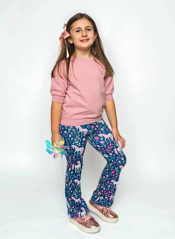 Dusty Pink Crewneck Sweatshirt & Unicorn Flare Leggings