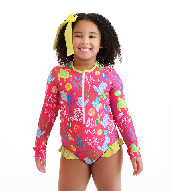 Fuchsia Ocean Things Ruffle-Accent One-Piece Rashguard