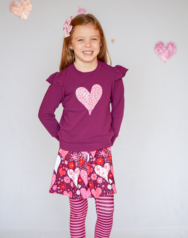 Plum Angel-Sleeve Sweatshirt & Heart Skirted Leggings