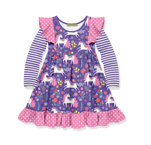 Millie Loves Lily Girls' Purple Darling Unicorn Long Sleeve Dress