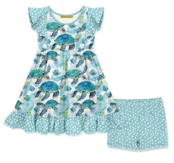 Millie Loves Lily Girls Mint Turtle Angel Sleeve Dress & Short Set,2-PCS
