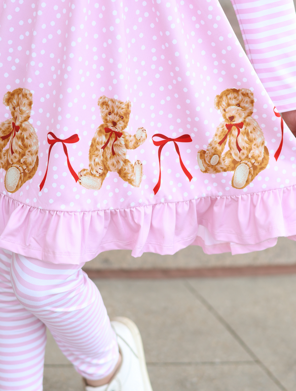 Kids Pink Teddy Bear & Bows Angel-Sleeve Dress & Stripe Leggings