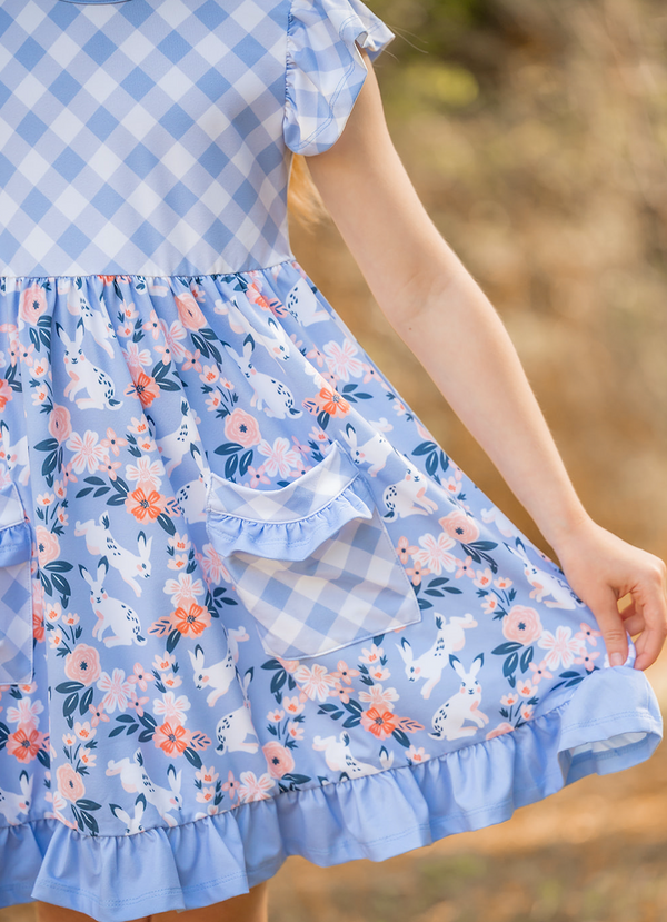 Periwinkle Gingham Bunny Meadow Patch-Pocket Dress