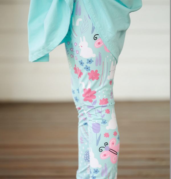 Mint Bow-Sleeve Dress & Bunny Leggings