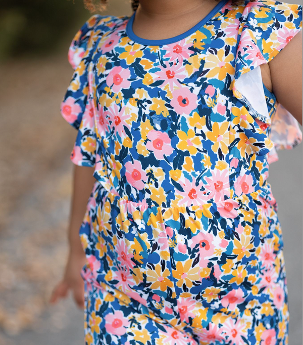 Kids Navy Floral Filigree Angel-Sleeve Overalls