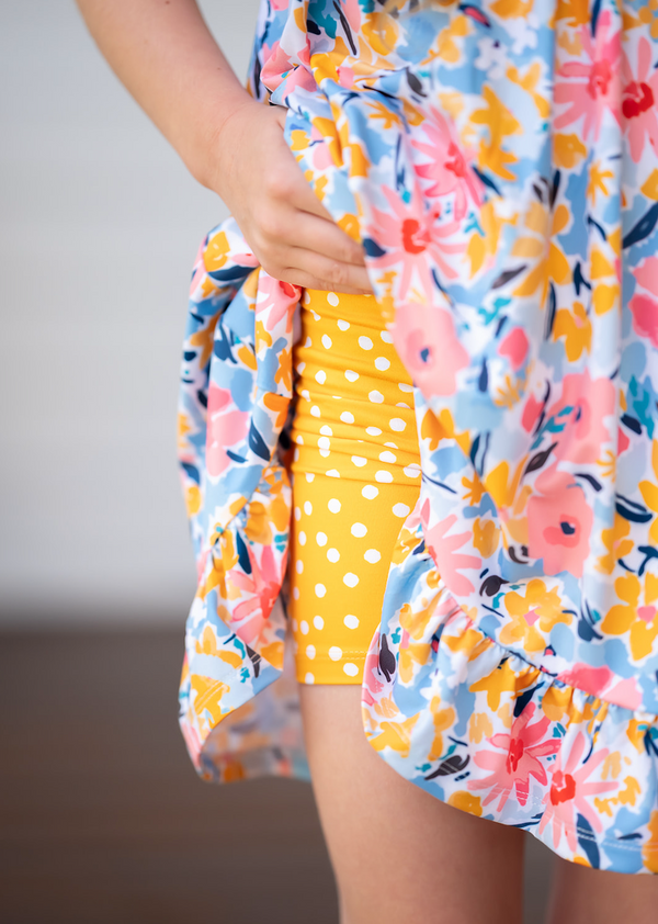 3-PC Marigold Floral Filagree Angel-Sleeve Dress & Hair Bow Set