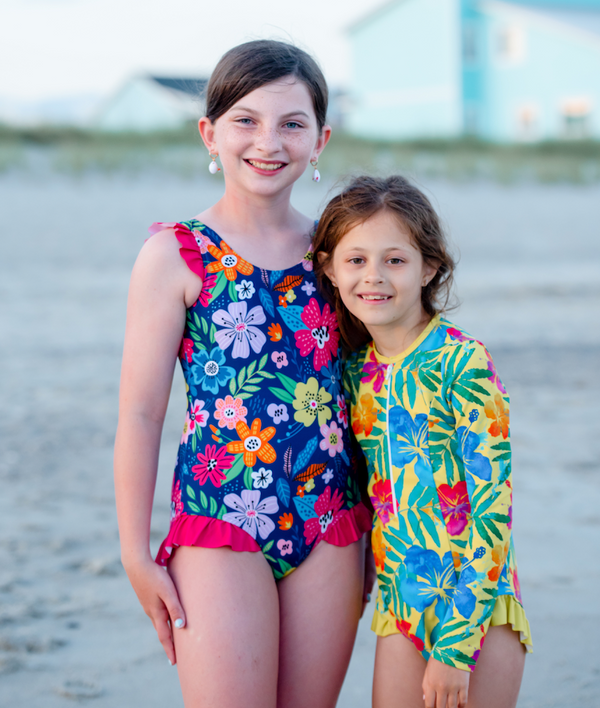 Navy Adele Floral Ruffle-Accent One-Piece