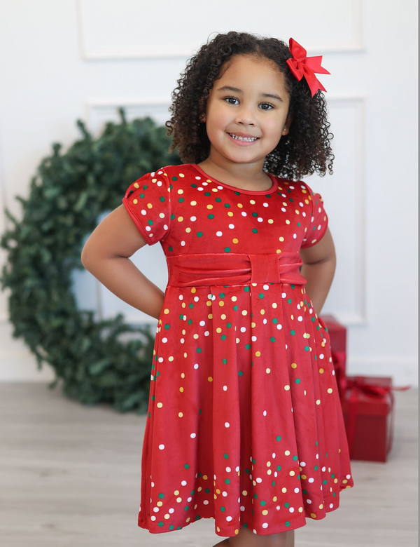 Millie Loves Lily Girls' Red Holiday Dot Velour Dress With Bow Waistband