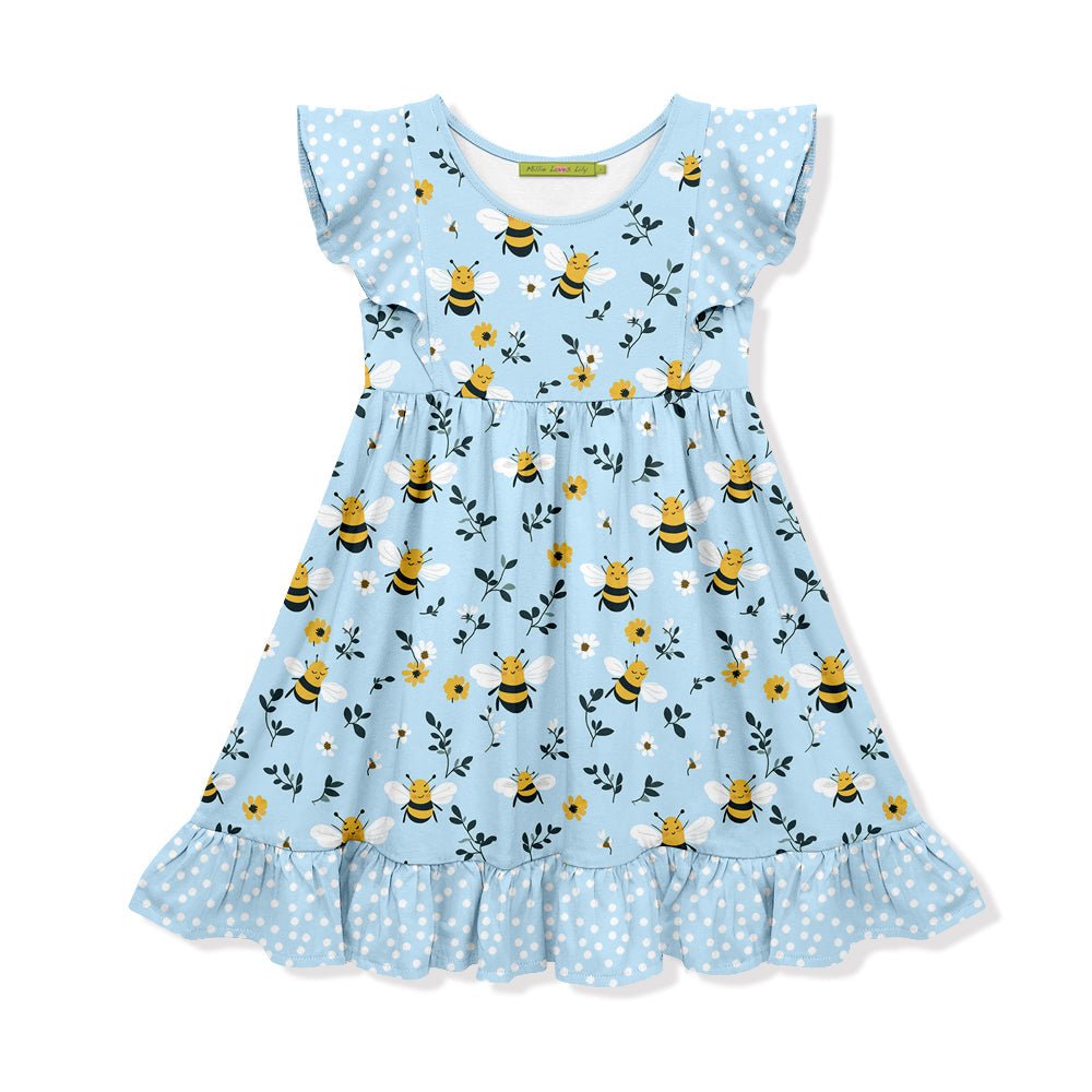 Kids Light Blue Bees Angel-Sleeve Dress