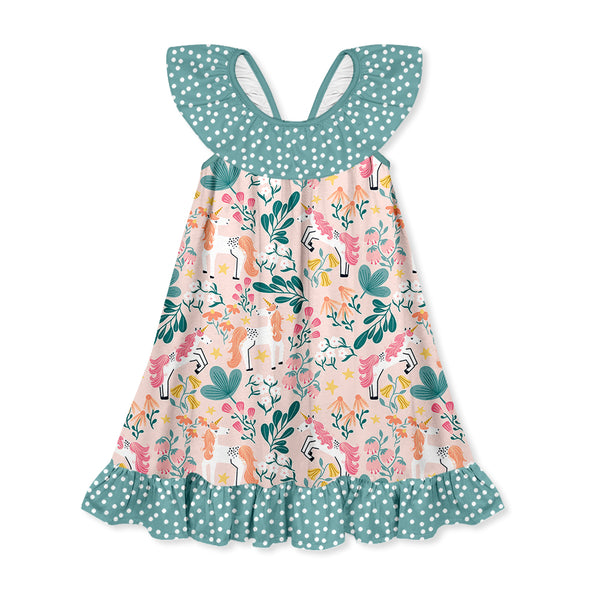 Light Peach & Nile Blue Diminika Unicorn Ruffle-Hem Yoke Dress