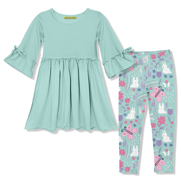 Mint Bow-Sleeve Dress & Bunny Leggings