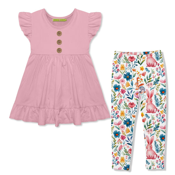 Dusty Pink Babydoll Top & Bunny Flower Leggings