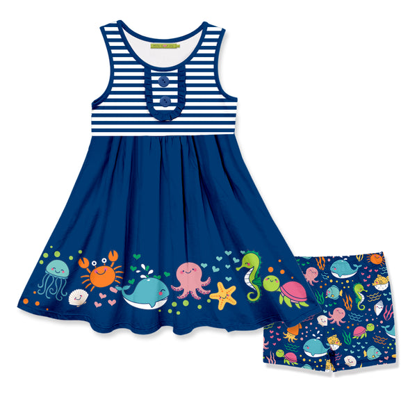 Navy Sea to Sea Border Button-Accent Sleeveless A-Line Dress & Shorts