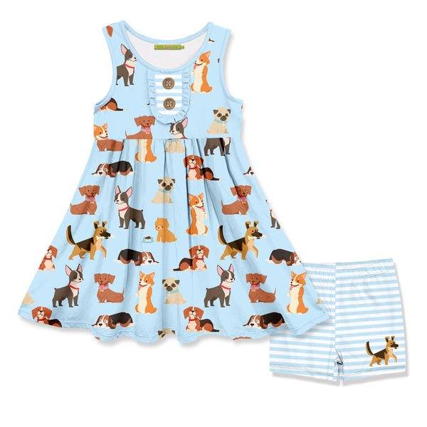 Ice Blue Dog&Bone Button-Accent Sleeveless A-Line Dress & Stripe Shorts