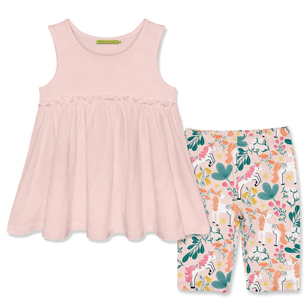 Light Pink Sleeveless Ruffle Babydoll Top & Diminika Unicorn Bike Shorts