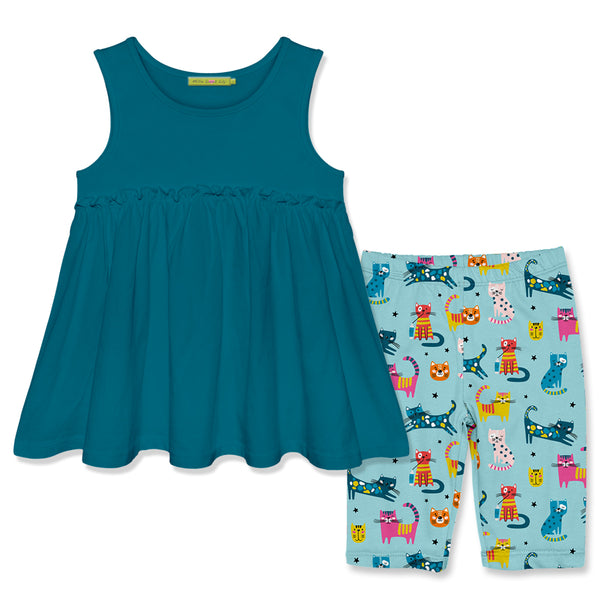 Teal Sleeveless Ruffle Babydoll Top & Kitty Cats Bike Shorts
