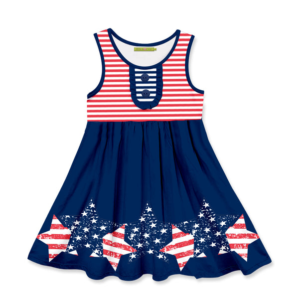Red & Navy Independence Star Border Button-Accent Sleeveless A-Line Dress