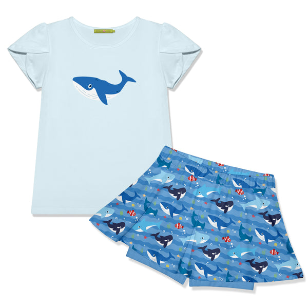 Ice Blue Tulip-Sleeve Top & Whale Skort