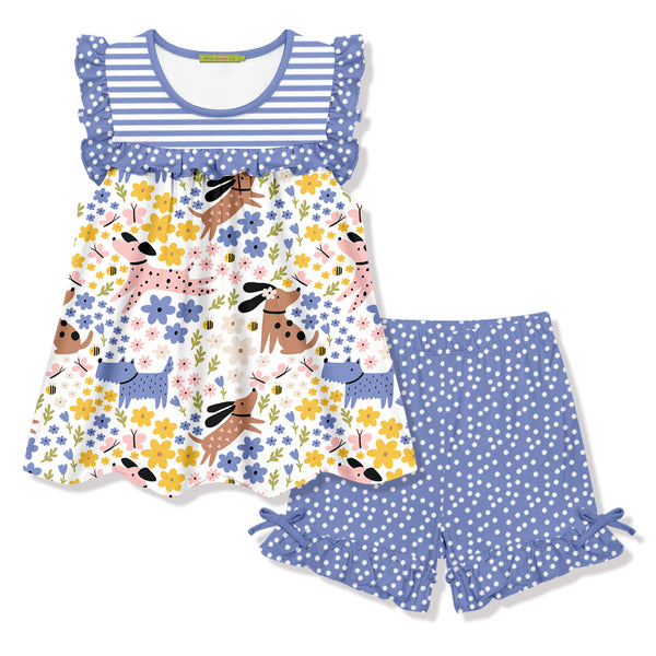 Blue Iris Dog Ruffle Sleeveless Top & Polka Dot Bow Shorts