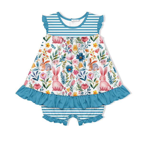 White Bunny Flower Skirted Bubble Romper