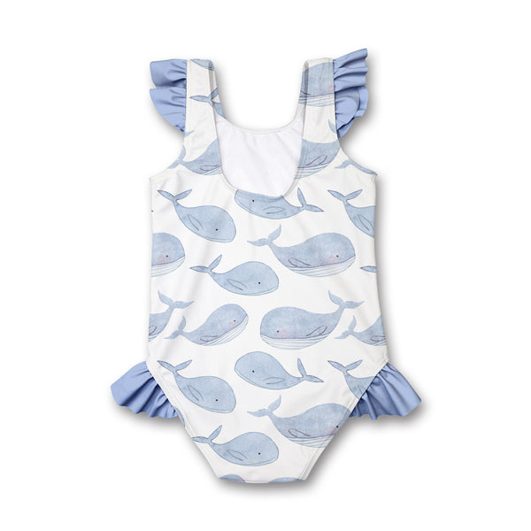 White & Periwinkle Whale Ruffle-Accent Swimsuit