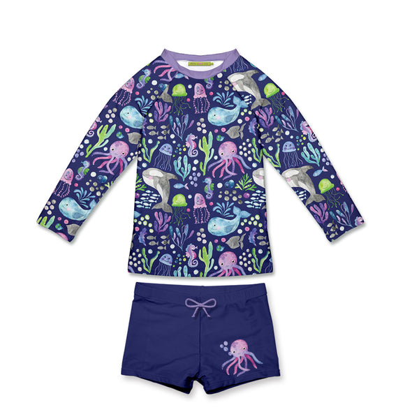 Navy Octopus Sea Long-Sleeve Rashguard Set