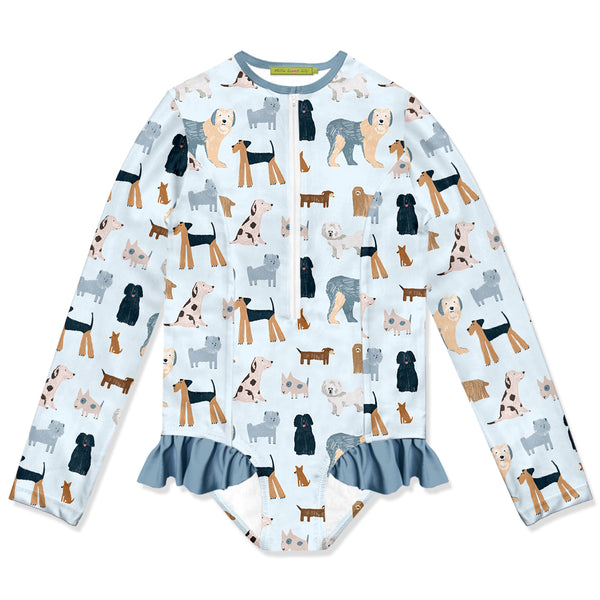 Pale Blue Doggy Dog Ruffle-Accent One-Piece Rashguard