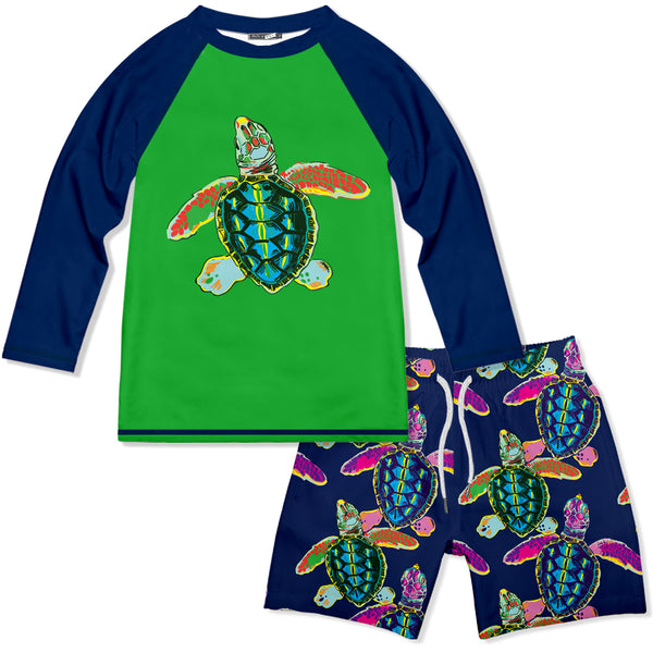 Millie & Maxx | Green & Navy Sea Turtle Long-Sleeve Rashguard Set