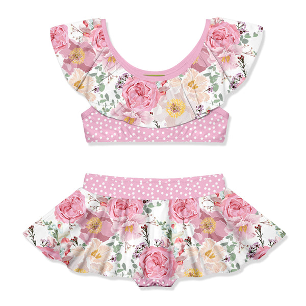 Pink Floral Ruffle-Neck Skirted Bikini