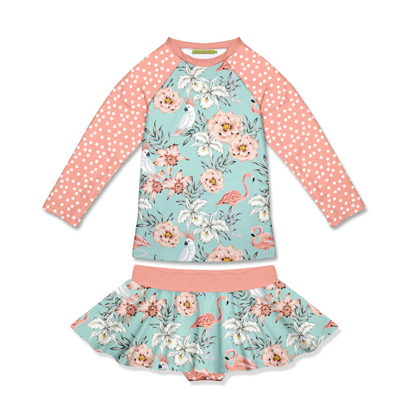 Mint & Coral Flamingo Dance Long-Sleeve Skirted Rashguard Set