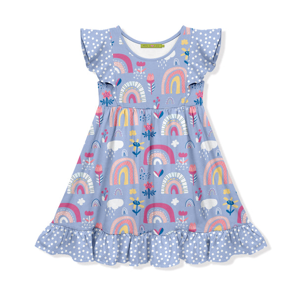 Periwinkle & Pink Dot Rainbow Angel-Sleeve Dress