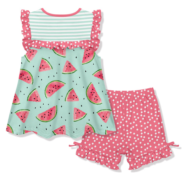 Turquoise Stripe & Watermelon Angel-Sleeve Top & Dot Shorts