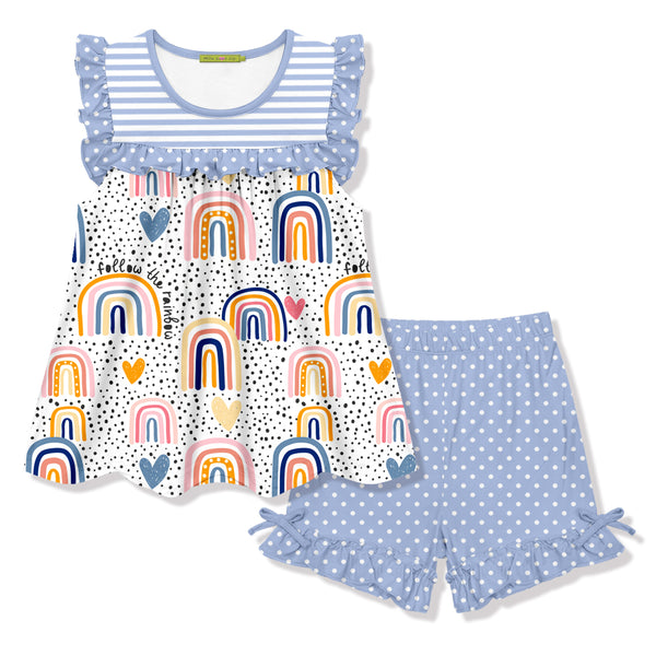 White & Blue 'Rainbow' Ruffle-Accent Sleeveless Top & Shorts