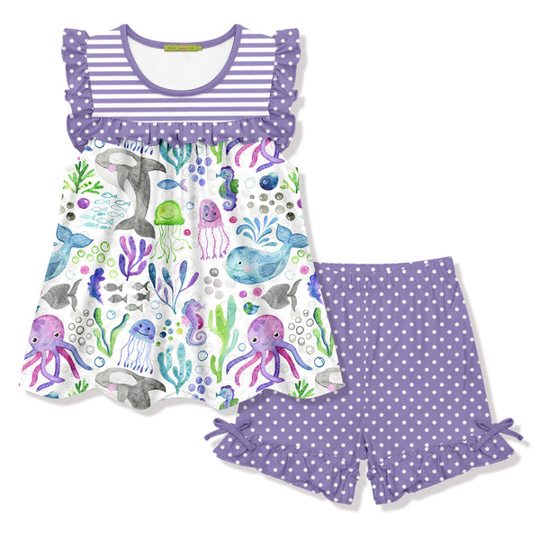 White & Purple Sea World Ruffle-Accent Sleeveless Top & Shorts