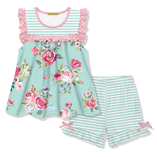 Mint & Pink Chloe Floral Ruffle Sleeveless Top & Stripe Bow Shorts