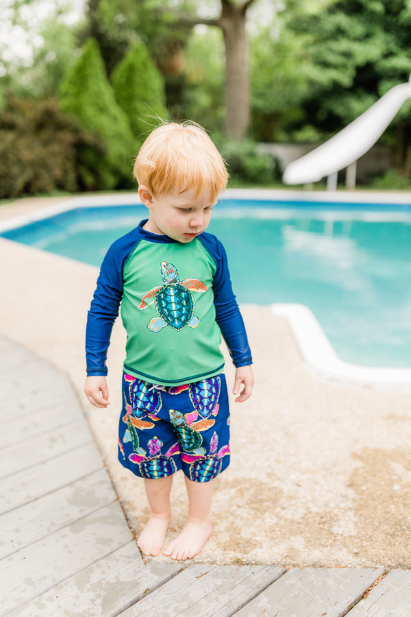 Millie & Maxx | Green & Navy Sea Turtle Long-Sleeve Rashguard Set